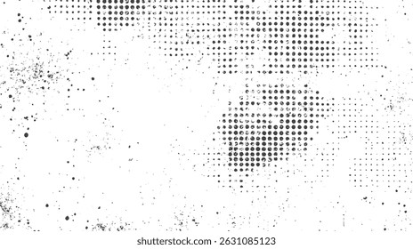 Abstractas fondo de semitono grunge con estilo punteado. Vector de manchas negras con superposición de grano afligido. Textura retro rugosa para el Diseño gráfico.