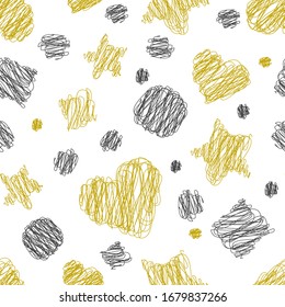 Abstract grunge hand drawn scribble seamless pattern with hearts and stars. Chaotic doodle pencil drawing. Black and gold scratch drawing on white background. Creative line art vector texture.