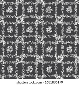 Abstract grunge hand drawn scribble seamless pattern with circles, squares pencil drawing. Doodle geometric shapes. White scratch chalk drawing on black background. Creative line art vector texture.