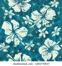 Abstract grunge hibiscus flowers vector seamless pattern