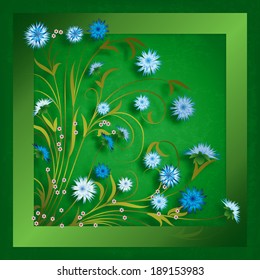 abstract grunge illustration with blue flowers on green vintage background