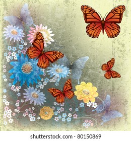 abstract grunge illustration with butterflies and flowers on beige
