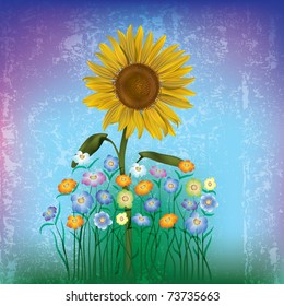 abstract grunge illustration with color flowers and sunflower