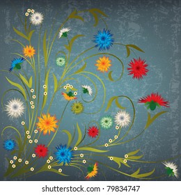 abstract grunge illustration with flowers on grey