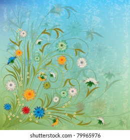 abstract grunge illustration with flowers on blue