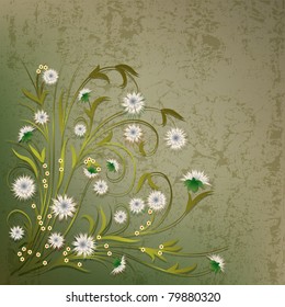 abstract grunge illustration with white flowers on green
