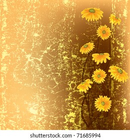 abstract grunge illustration with yellow flowers on brown background