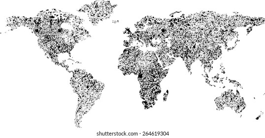 Abstract grunge ink blots background with world map silhouette. eps10