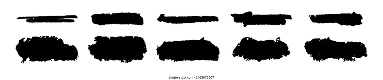 Abstractas grunge pincel pincelada Elementos set Paquete. Ilustración vectorial de textura rugosa con pintura negra.