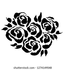 Abstract grunge ink flower background. Roses black brush pattern. Vector illustration.