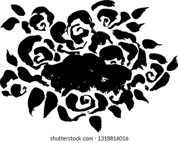 Abstract grunge ink flower background. Roses black brush pattern. Place for text. Vector illustration.