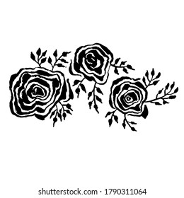 Abstract grunge ink flower background. Roses and leaves black brush pattern. Vector illustration.