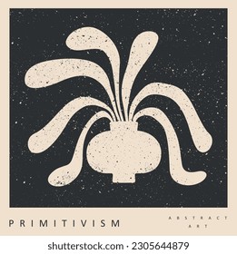 Abstract Grunge Ivory Beige Floral Design on a Pale Black Background. The Art of Primitivism Modern Poster with Leaves in Vase. Simple Contemporary Minimal Vector Art. Print with Flower in a Pot.