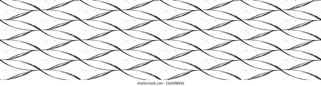 Abstract grunge lattice weave seamless border. Fine calligraphy brush interlocking woven banner. Monochrome inky design. Overlapping loops and lines with texture. For ribbon, edging, web, trim