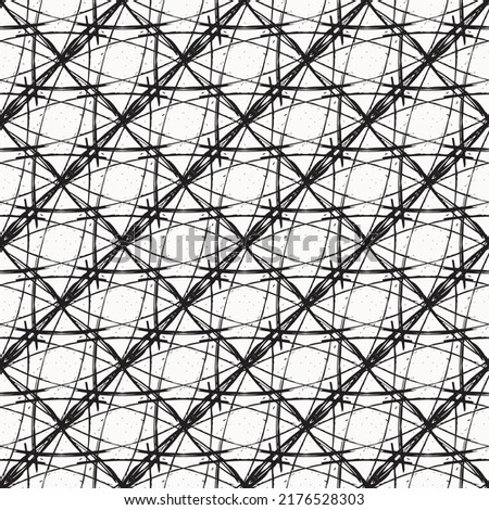Abstract grunge lattice weave seamless vector pattern Fine brush interlocking woven background. Monochrome inky grid wire net backdrop. Overlapping diagonal loops and lines with texture. Symmetrical.