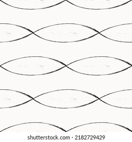 Abstract grunge loops seamless vector pattern. Fine calligraphy twisting brushlines background.Monochrome inky backdrop. Horizontal overlapping entwined waves with texture design. Symmetrical repeat.