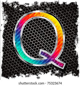  Abstract grunge metallic background and metal, colored letter Q