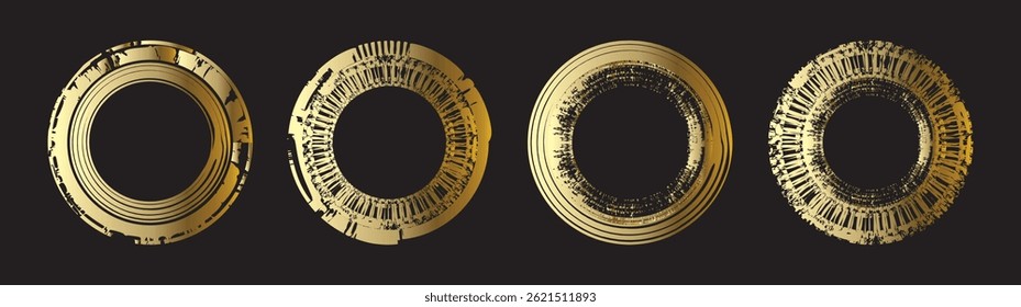 Abstract grunge metallic gold plated rings – Futuristic circular vector elements on black background.