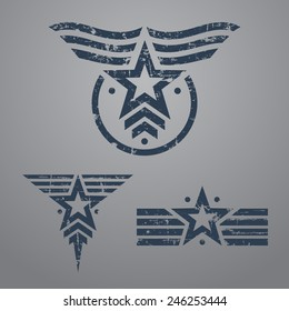 Abstract grunge military star emblem set on gray background