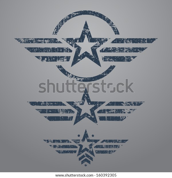 Abstract grunge military star emblem set on\
gray background