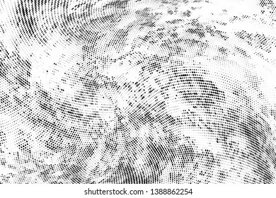Abstract grunge monochrome halftone geometric pattern. Soft curves. Stains and splashes. Vector illustration with dots. Modern polka dotten background for web banners, covers, greeting cards