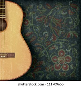 abstract grunge music background with guitar and floral ornament