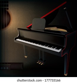 abstract grunge music background with guitar and grand piano on black