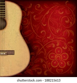 abstract grunge music background with guitar on red floral ornament