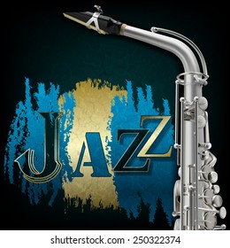 abstract grunge music background with saxophone and blue word Jazz