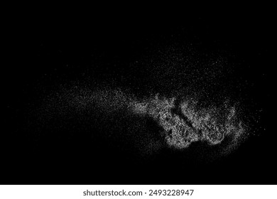 Efectos de la nieve. Salpicadura de agua sobre fondo negro. Efecto Recubrimiento de polvo. Textura en spray blanco. Explosión Abstractas. Ilustración vectorial, EPS 10.
