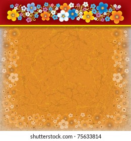 abstract grunge orange background with flowers on red