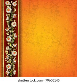 abstract grunge orange yellow background with floral ornament