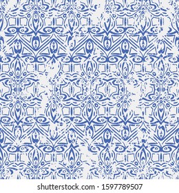Abstract grunge ornament decor in blue. Horizontal pattern design for carpets, wallpaper, walls, curtains, bedding, tiles, borders. Ribbons.
