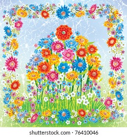 abstract grunge ornament with flowers on blue background