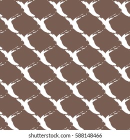 Abstract grunge ornament. Seamless pattern. Rounded grid cell drawn a rough brush. Vector illustration. Brown, white.
