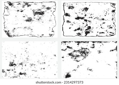 Abstract grunge overlay of parchment paper in black and white. Set of old weathered burnt textured paper over lay. Paper for calligraphy memoir records and book making. Design element, vector. 