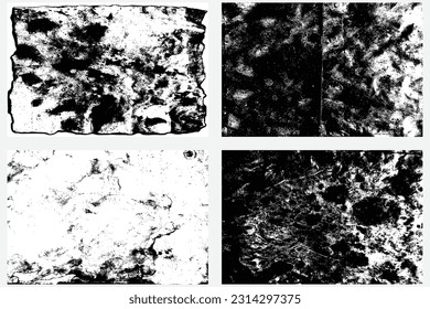 Abstract grunge overlay of parchment paper in black and white. Set of old weathered burnt textured paper over lay. Paper for calligraphy memoir records and book making. Design element, vector. 