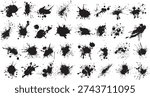 Abstract grunge paint brush stroke set. Graphic element design with ink splatter or splash, circle, line and frame. Collection of various black brush strokes on a white background.
