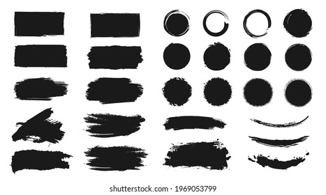 Abstract grunge paint brush stroke set. Graphic element design with ink splatter or splash, circle, line and frame. Creative vector shape or background art illustration template.
