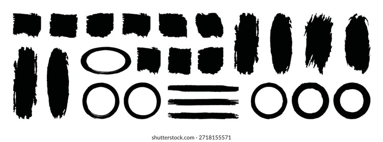 Conjunto abstrato de pincel de tinta grunge. Design de elemento gráfico com borrifador de tinta ou splash, círculo, linha e quadro.Pincel de tinta preta vetorial, linhas de marca-texto ou marcador de caneta de ponta de feltro. Ilustração vetorial
