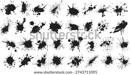Abstract grunge paint brush stroke set. Graphic element design with ink splatter or splash, circle, line and frame. Collection of various black brush strokes on a white background.
