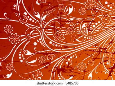 Abstract grunge painted background with floral scrolls vector illustration
