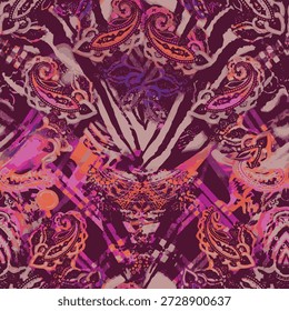 Abstractas grunge paisley sin patrón. Fondo bohemio colorido con adornos étnicos vintage, pinceladas y Formas geométricas en colores púrpura y rosa. Estampado de moda artística para el diseño textil y textil.