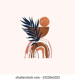 Abstract grunge palm leaf, sun, rainbow composition. Geometric modern background for trendy art print, boho wall decor, Mid century, minimalistic simple design. Vector minimal art
