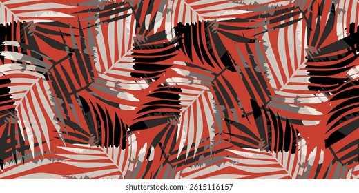 Abstract grunge palm leaves seamless pattern with geometric lines and brush effects. Dark tones on linen for fashion fabric, decor, or graphic backdrops. Edgy, repeatable art for covers and textiles.