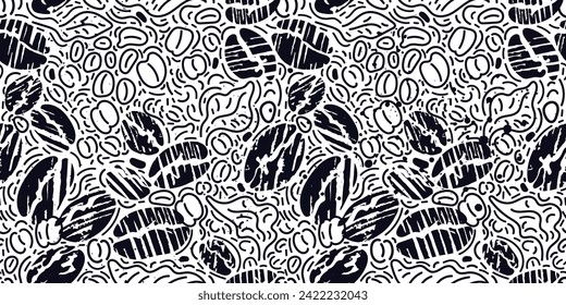 Abstract grunge pattern. Coffee graphic beans. Vector background for cafe packaging design, textile print