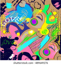 Abstract  grunge pattern for girls. Hearts repeated backdrop with love, shape, dots in bright neon colorful colors. Girlish creative urban design for fashion, sport clothes. Modern background