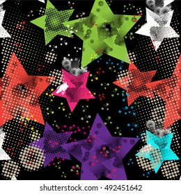 Abstract grunge pattern in grey, black and white colors. Chaotic original design for fashion, sport clothes, girls and boys. Cute girlish wallpaper. Childish Stars repeated backdrop