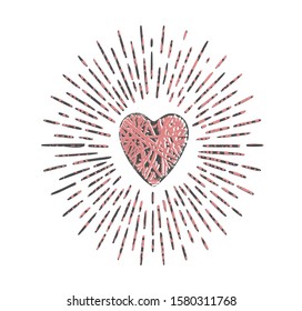 Abstract grunge pink and grey heart shape love symbol vector drawing illustration with sun rays striped lines isolated on white background.Valentine's day gift card.Print for t shirt.I love you .