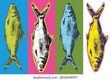  Abstract grunge pop art fish illustration in color palette with abstract illustration colorful underwater creature stylized creative distressed wildlife background contrast